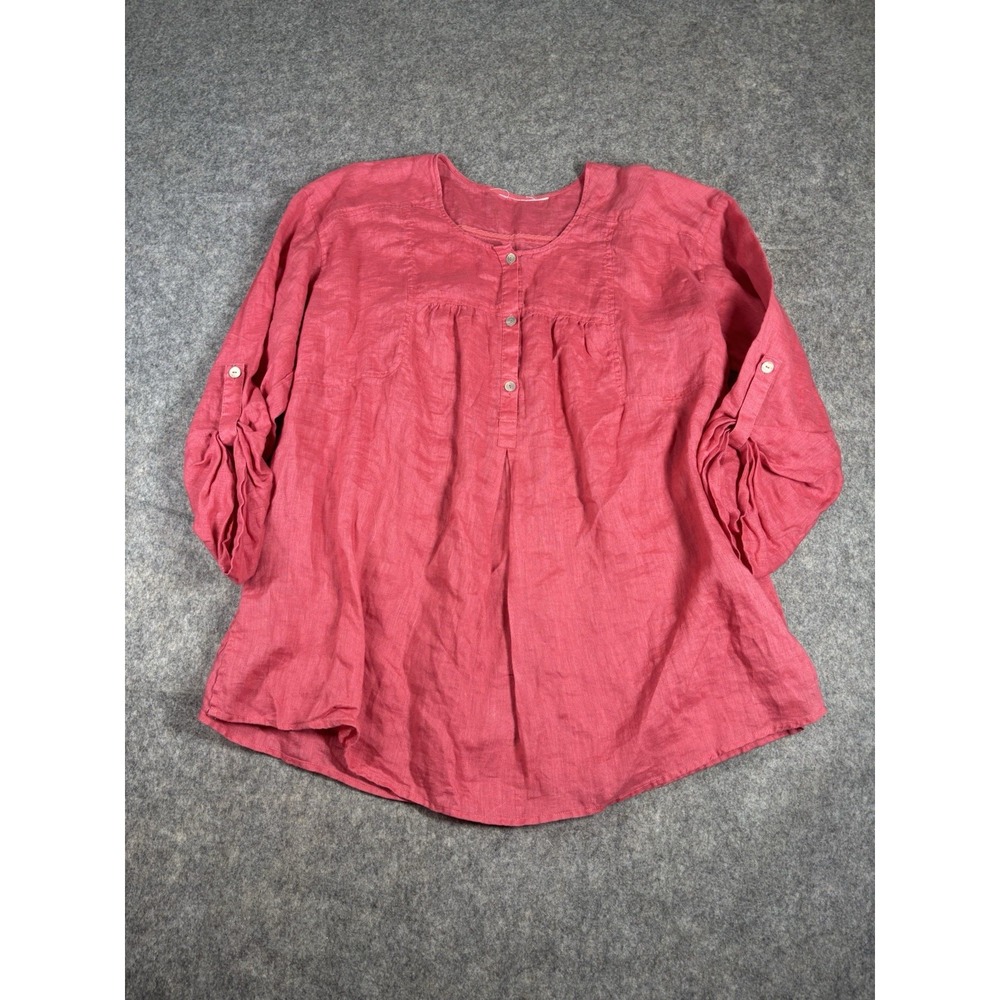 Women's M Pink 100% Linen Henley Roll Tab Sleeve 100% Linen Boho Artsy‎ Coastal